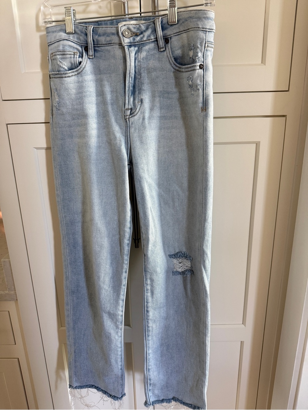 Light Blue Straight Leg Women's Jeans with Distressed Detail